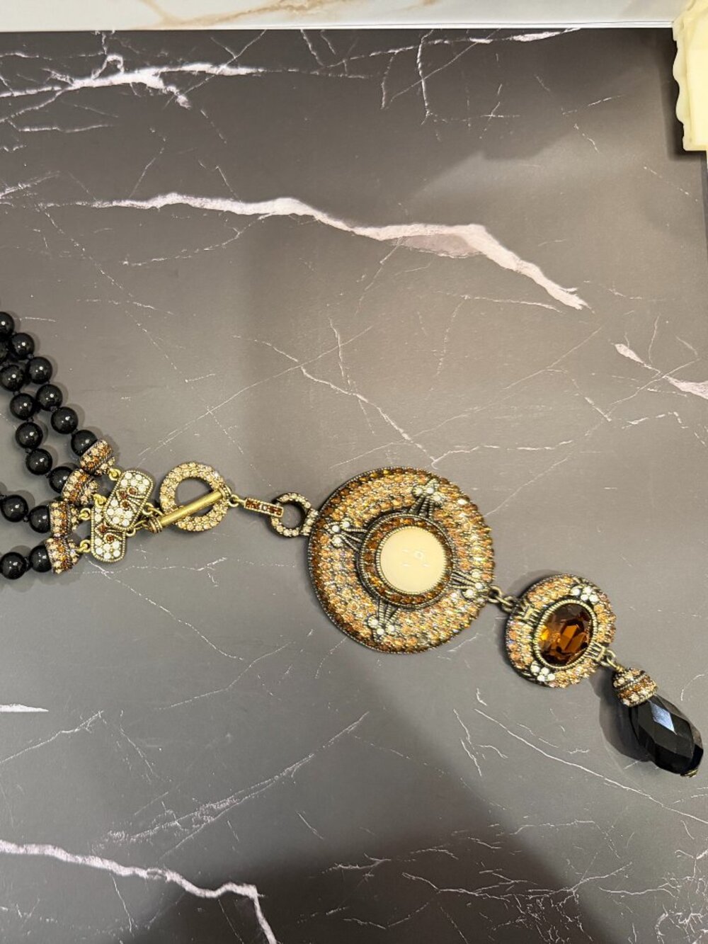 Heidi Daus Triple Strand Beaded Drop Statement Necklace Black Amber Crystal - Picture 7 of 14